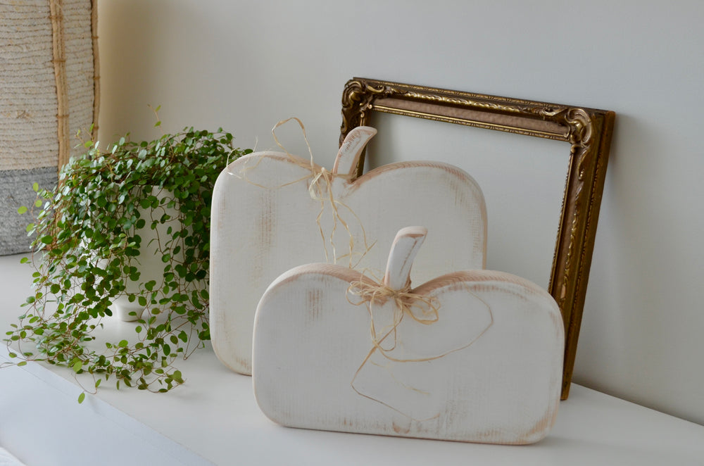 Pumpkins, distressed white,  fall decorating, halloween display,  set of two.