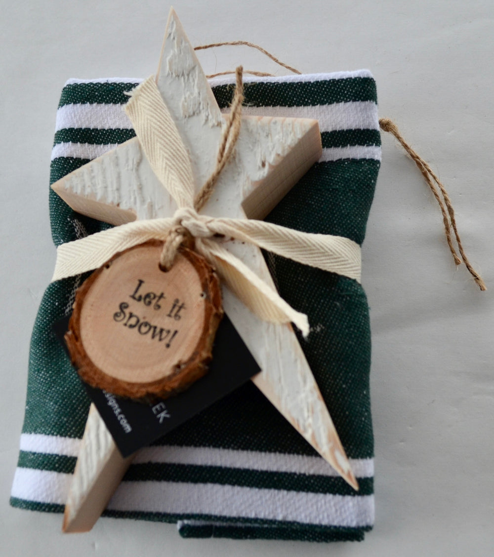 Holiday Cheer Bundle: Cotton Tea Towel, Green stripe + Vintage Star Ornament