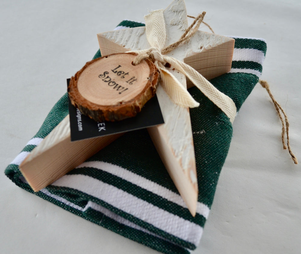 Holiday Cheer Bundle: Cotton Tea Towel, Green stripe + Vintage Star Ornament