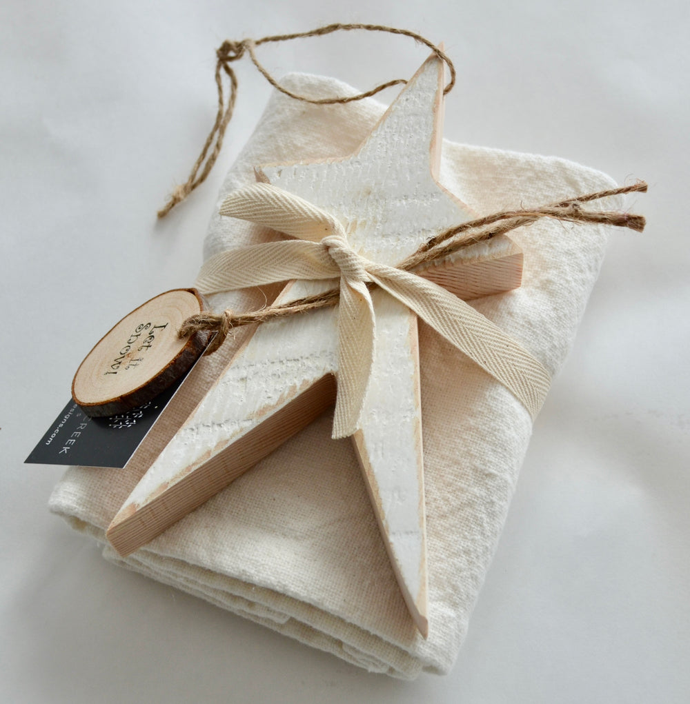 Holiday Cheer Bundle: Cotton Tea Towel, Cream colour + Vintage Star Ornament